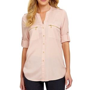Zip Pocket Roll Sleeve Blouse